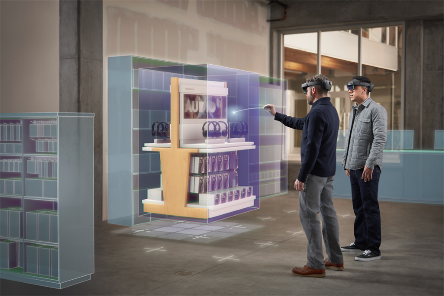 Two men using Microsoft Dynamics 365 Layout in a retail space. Contains hologram scenario