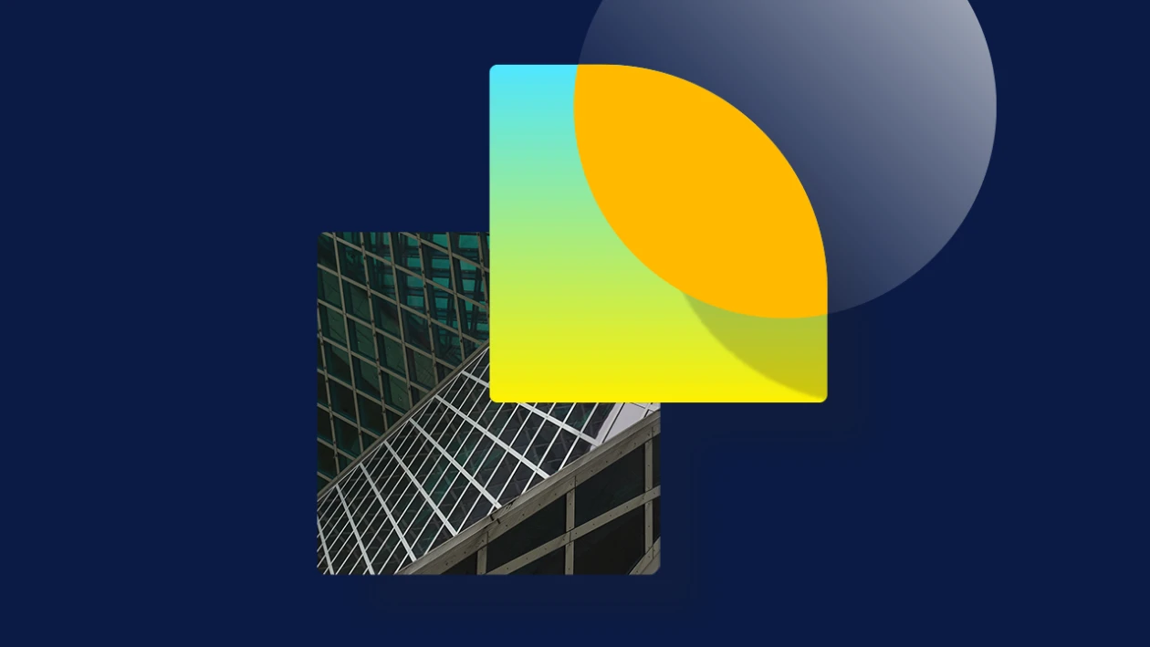 Abstract design incorporating a close-up image of a side of a building, against a dark blue background