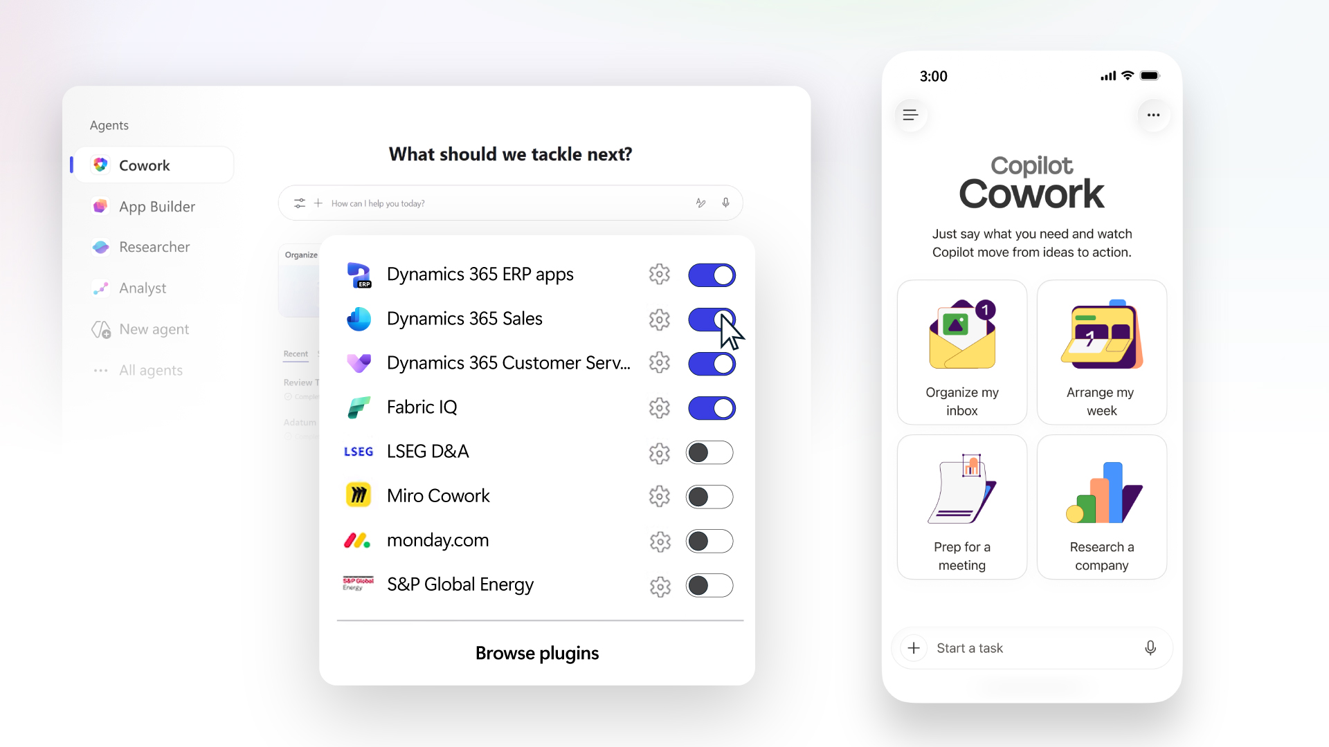 Copilot Cowork interface showing plugin integrations (including Dynamics 365) and a mobile view with task options like organizing inbox, planning a week, and preparing meetings