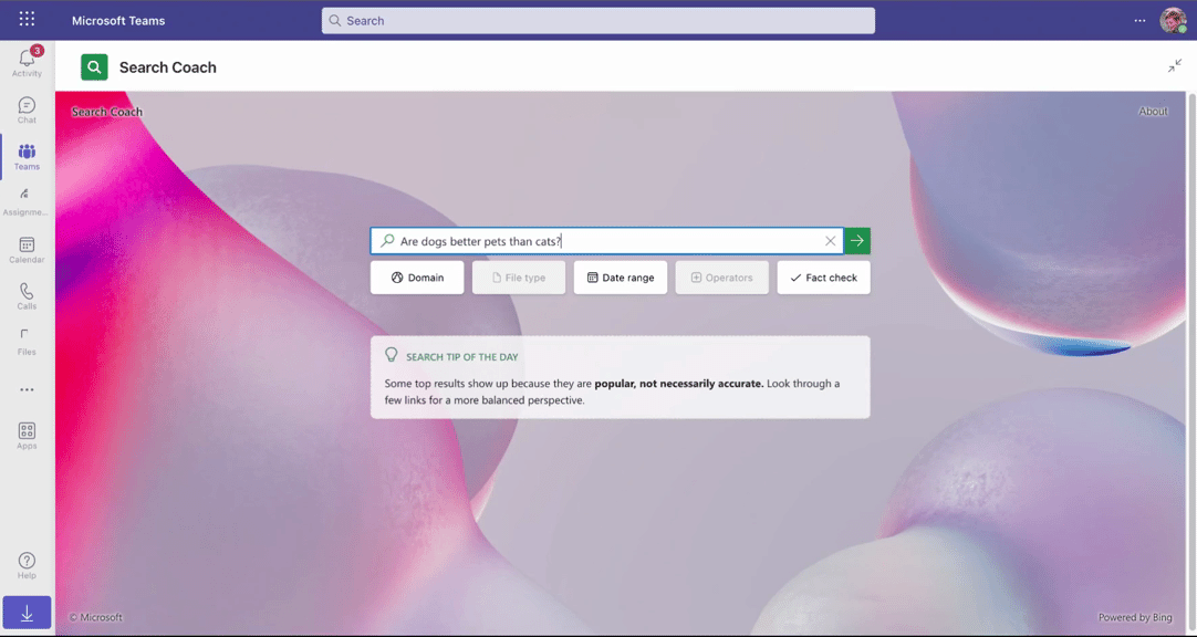 GIF. Student experience of Search Coach with tips, guidance, and filter options, including domain, file type, date range, and fact check.