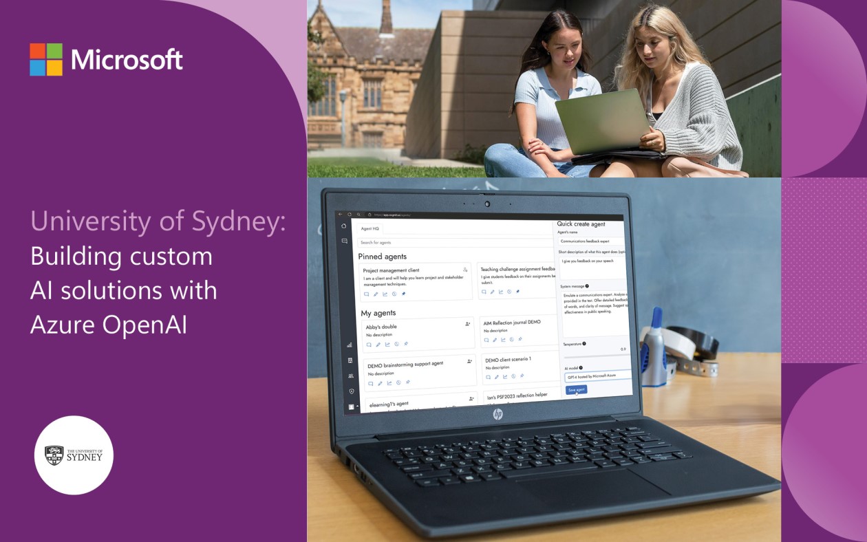 An open laptop on a table in a school classroom. There&rsquo;s a picture of two female college students working on another laptop together while sitting in a university garden. The image is framed by magenta and purple graphics and includes the Microsoft logo and the University of Sydney logo