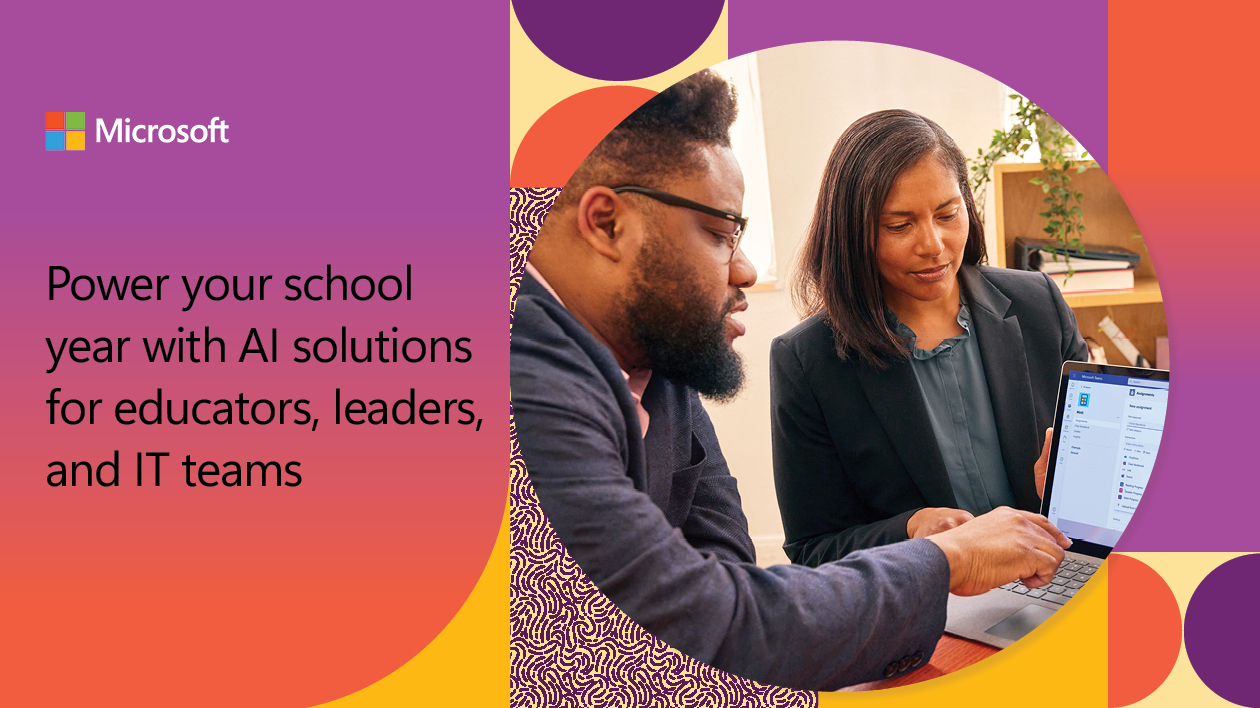 Decorative. Two education leaders working together on a laptop. The image is framed by magenta, orange, and yellow graphics and the Microsoft logo