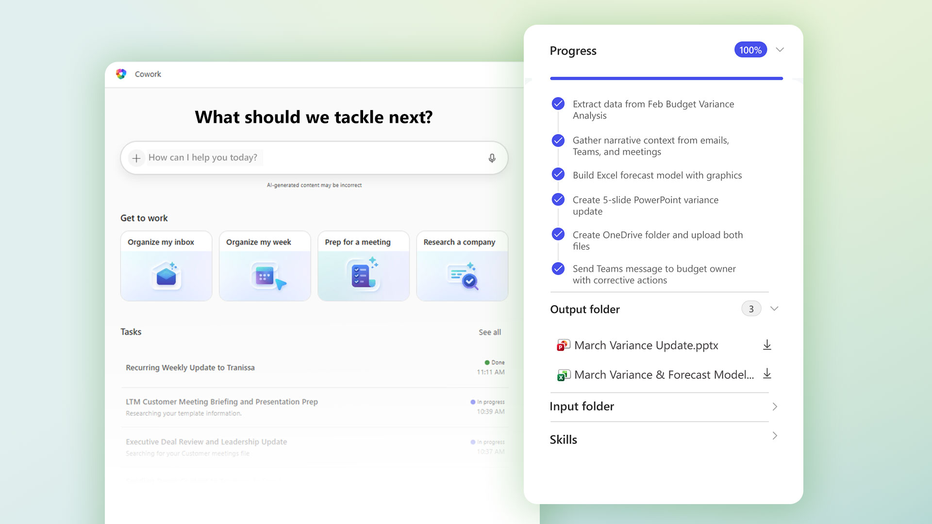 Microsoft 365 Copilot interface displaying task suggestions and a completed multi‑step workflow with progress tracking