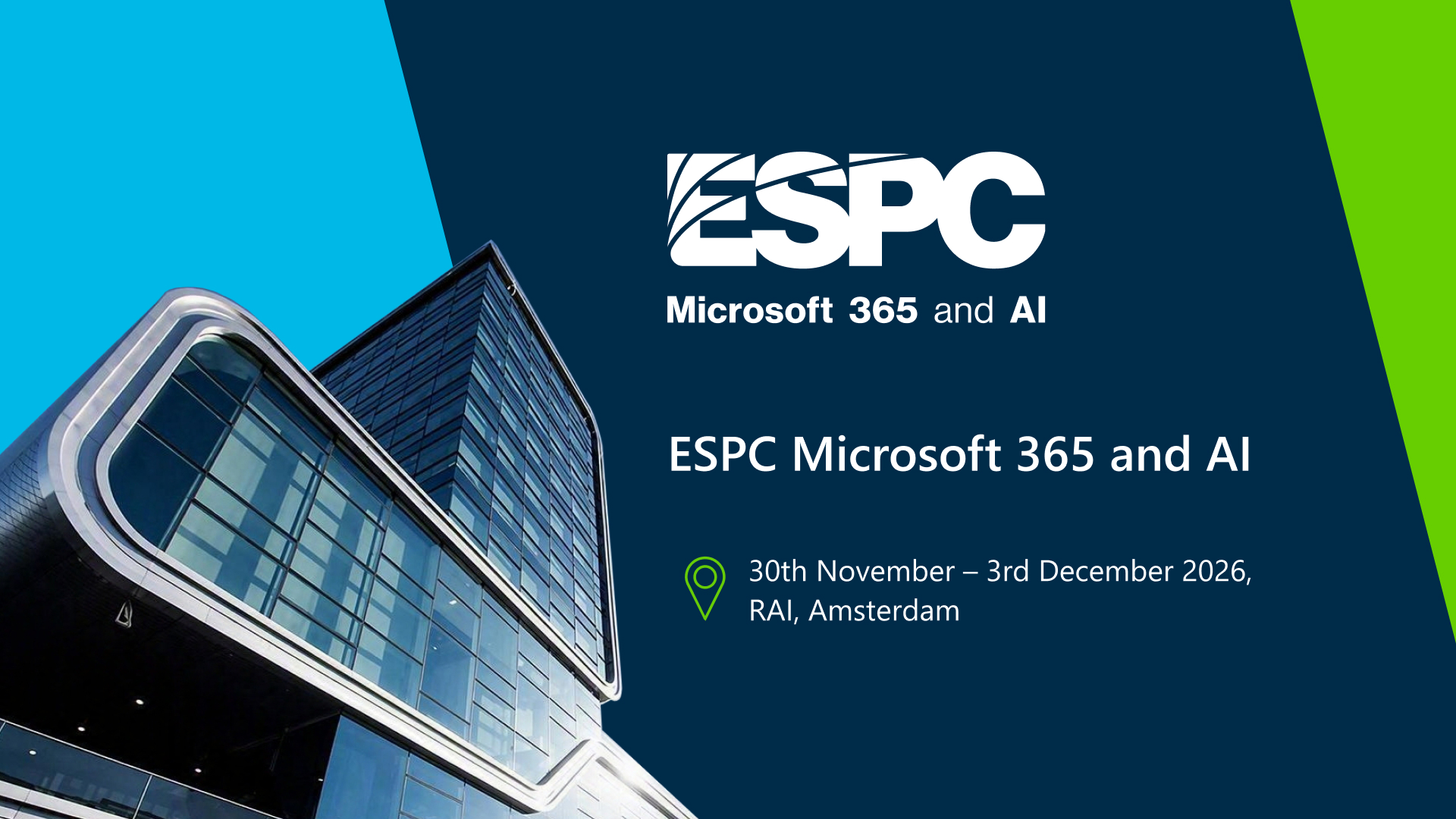 Promotional graphic for ESPC Microsoft 365 and AI, featuring a modern glass building and event details: November 30 to December 3, 2026, at RAI Amsterdam