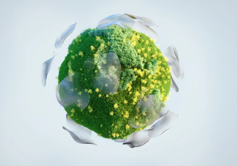 Digital generated image of green sphere made out of grass and water drops flying around sphere on light blue background. Biofuel and sustainability concept