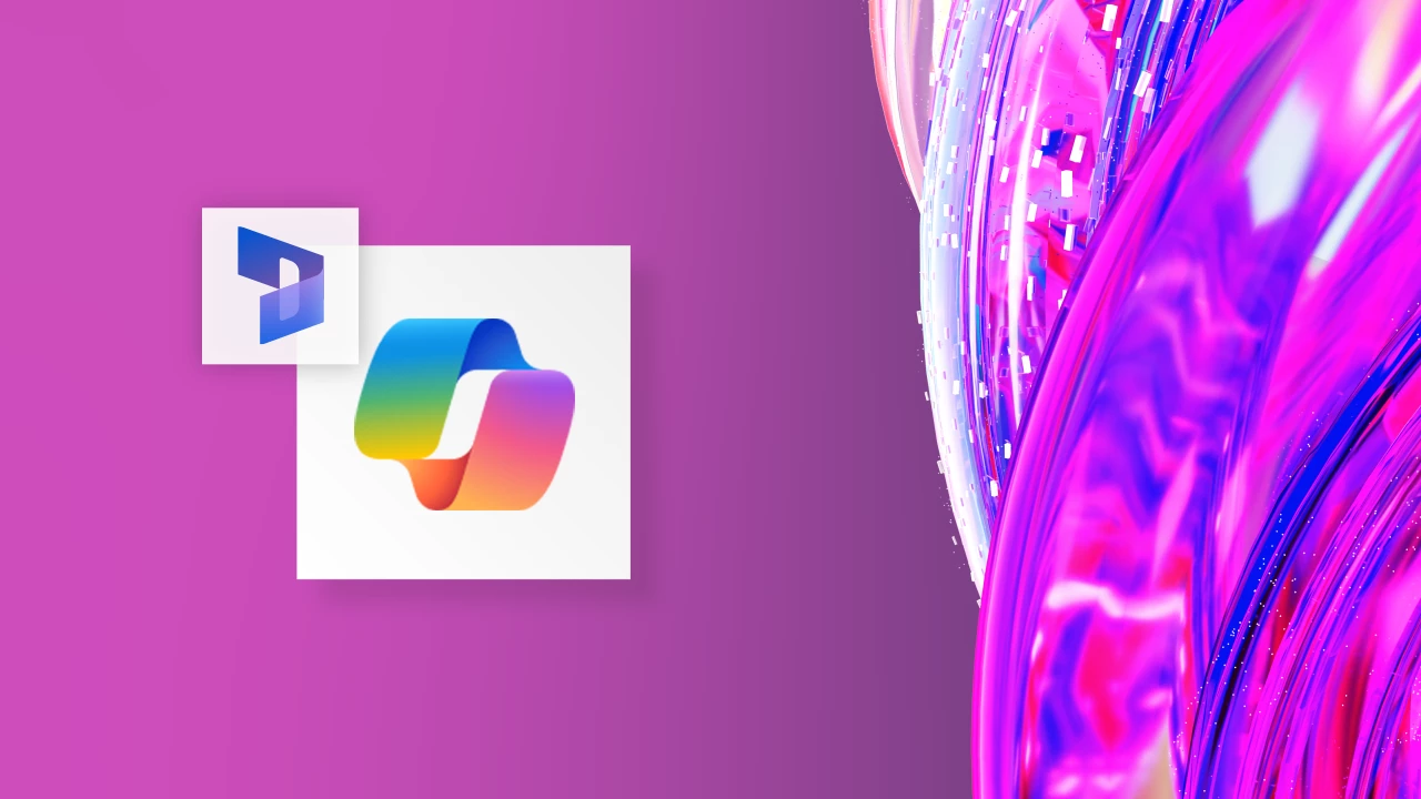 A decorative image with a purple background and the Microsoft Copilot and Dynamics 365 logos