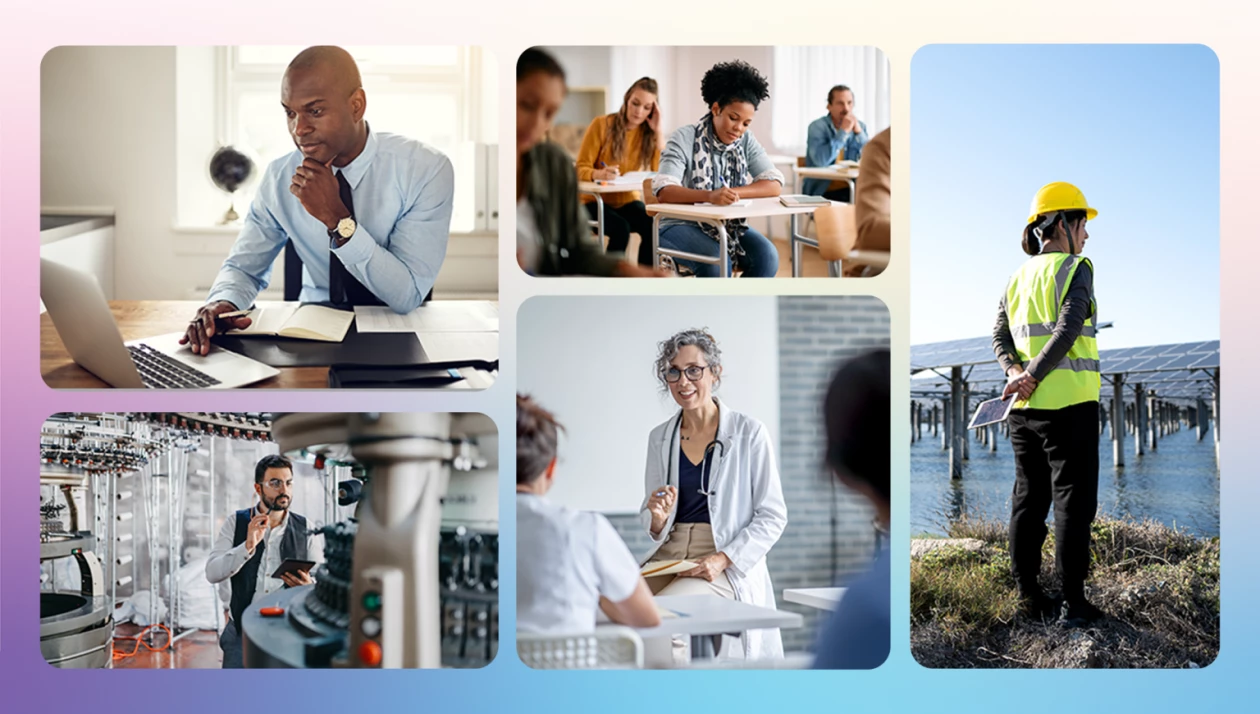 A decorative header image showing business professionals, frontline workers, and educators at work