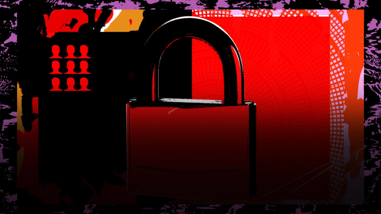A decorative image of a red lock on abstract art