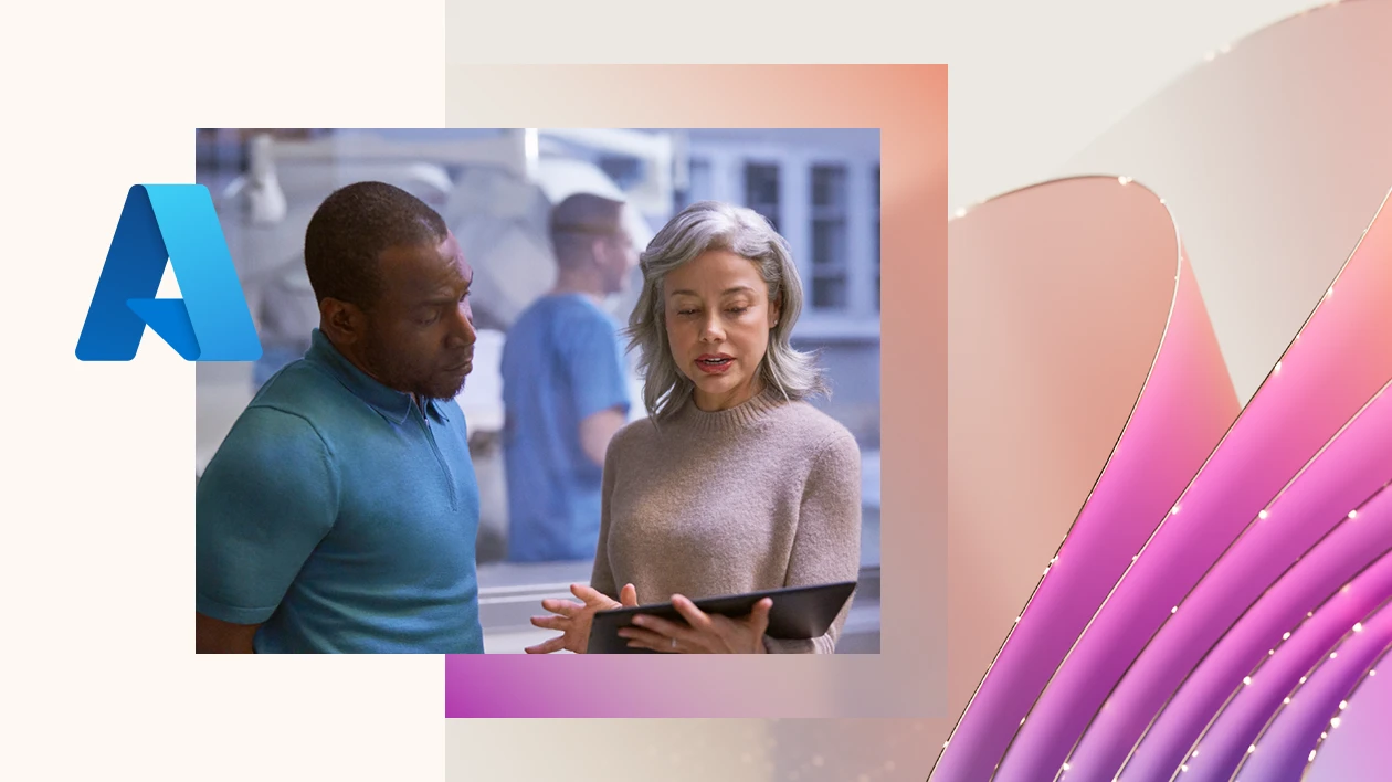Two people in a healthcare setting look at a tablet together. The image is overlaid with the Azure logo on the top left. The background of the image is a pink and purple graphic design