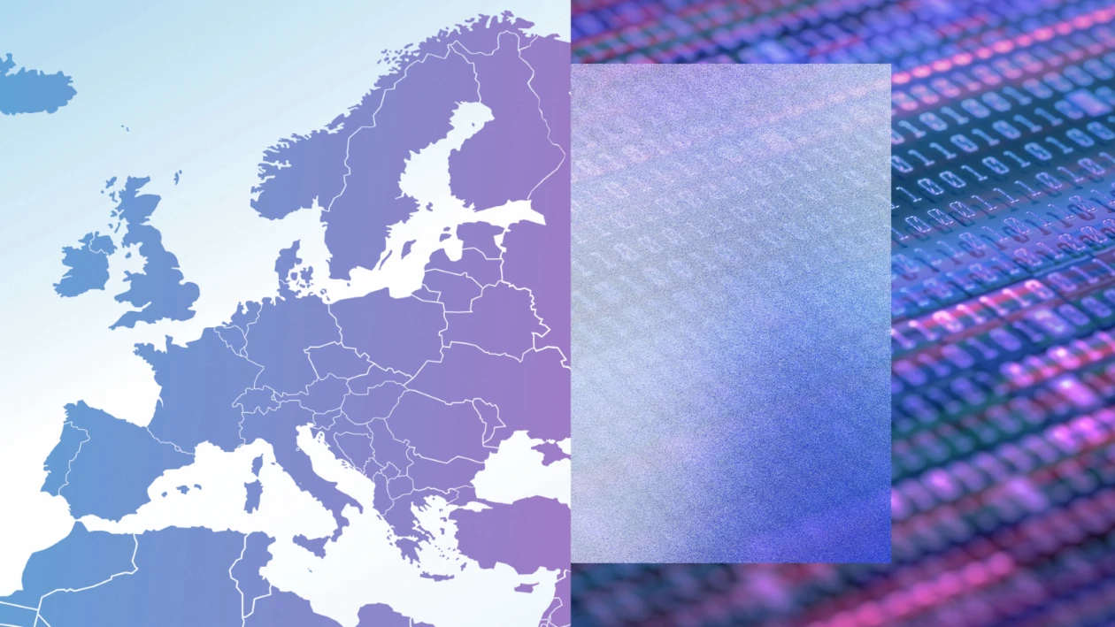 A minimalist map of Europe on a blue and purple background