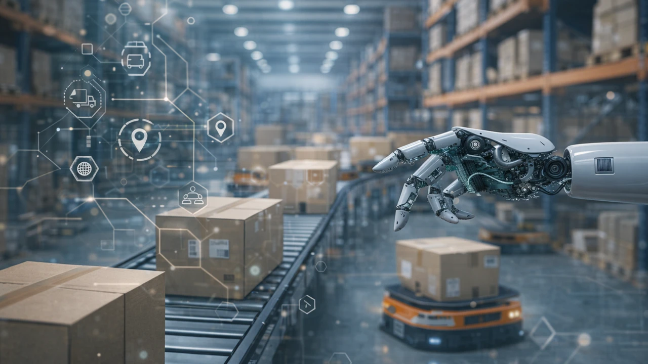 Robotic arm interacting with packages on a warehouse conveyor, with digital supply chain icons overlaying shelves, boxes, and autonomous logistics systems in a modern fulfillment center