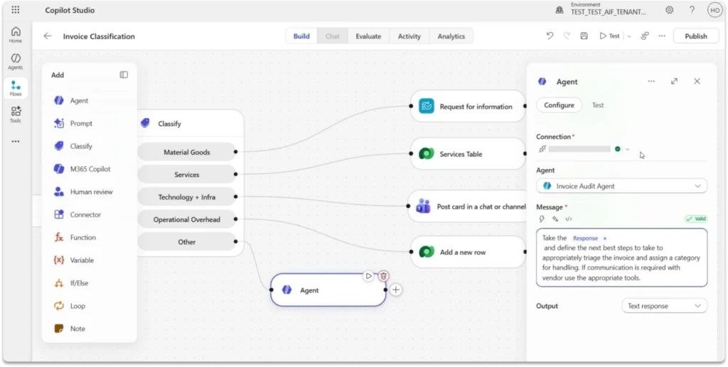 The Workflow editor, showing the run an agent step and the instructions for calling the agent inside the workflow.