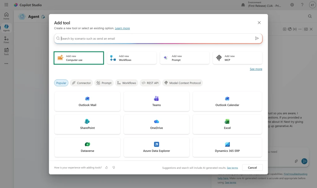 Copilot Studio UI showing the option to add a new computer use agent.