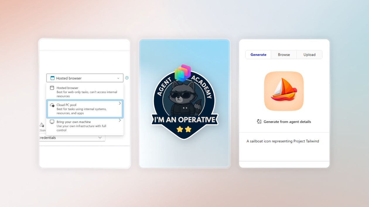 Three graphics on a gradient background: a dropdown menu within Copilot Studio, a Copilot Studio Agent Academy badge, and an AI‑generated agent icon from Agent Builder