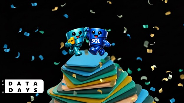 Two cheerful, A I generated cartoon robots, one labeled S Q L, standing on colorful stacked tiles with confetti falling, promoting Data Days 2026