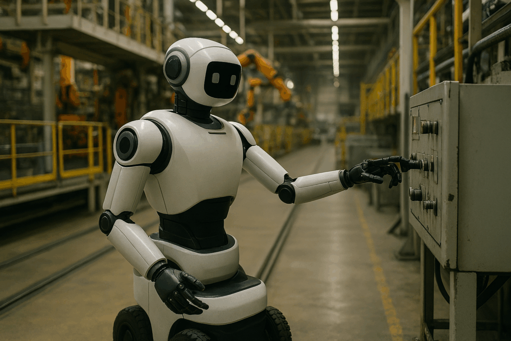robot on a warehouse floor plugging a cord into a panel