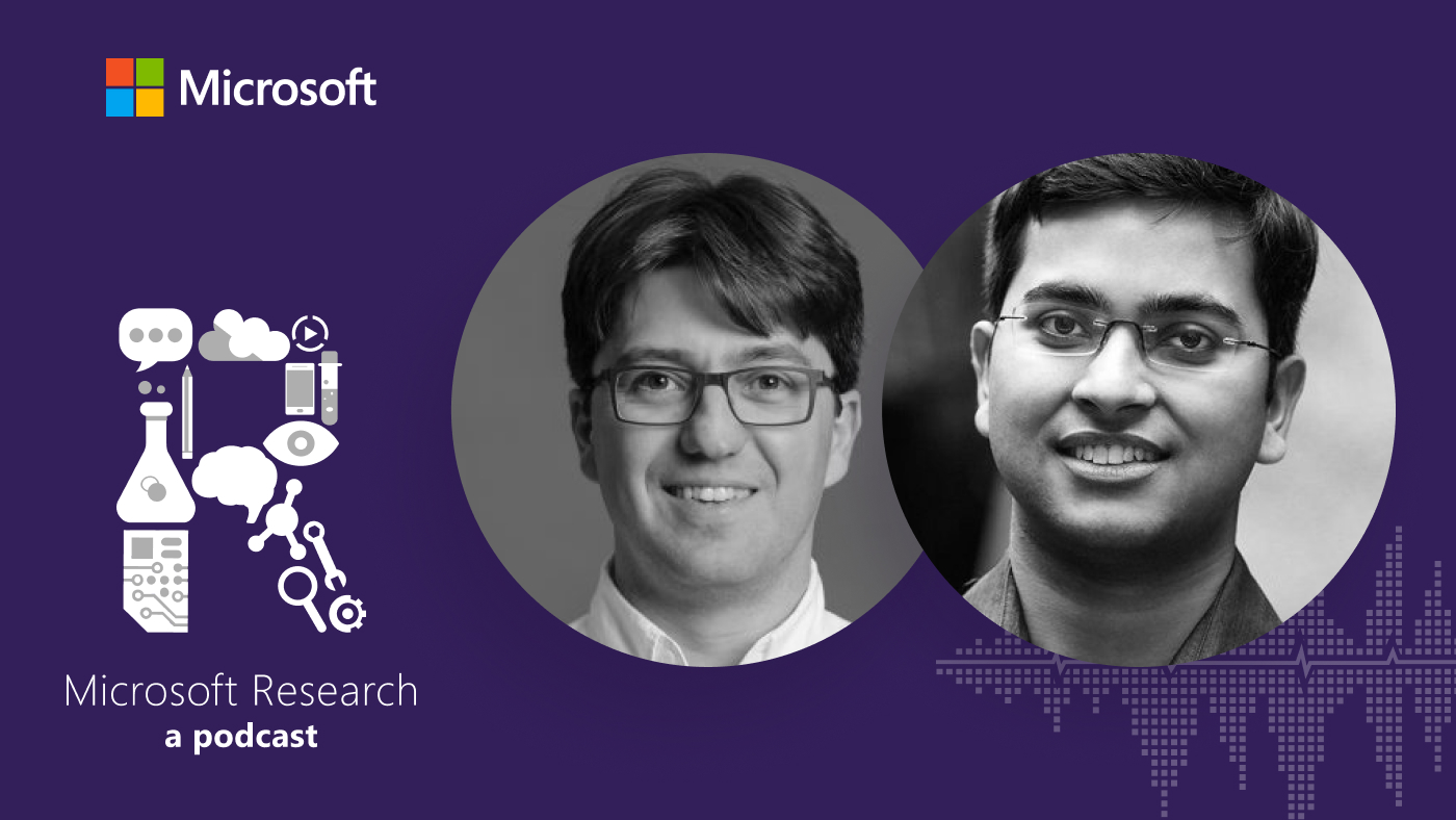 black and white photos of Emre Kiciman, Senior Principal Researcher at Microsoft Research and Amit Sharma, Principal Researcher at Microsoft Reserach, next to the Microsoft Research Podcast