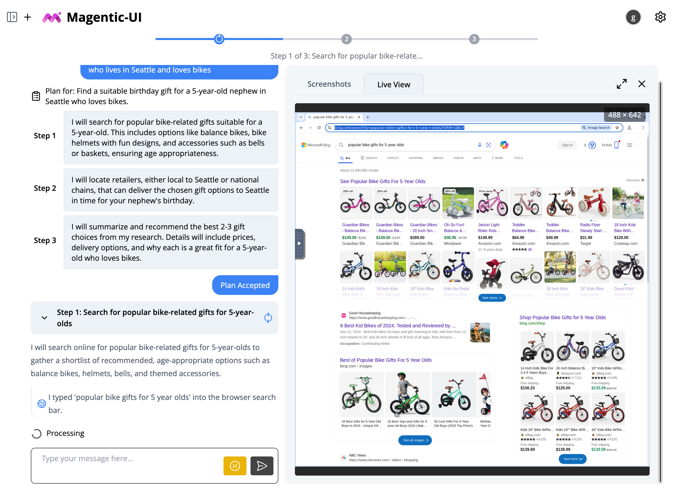 A screenshot of Magentic-UI actively performing a task. The left side of the screen shows Magentic-UI stating its plan based on the following query