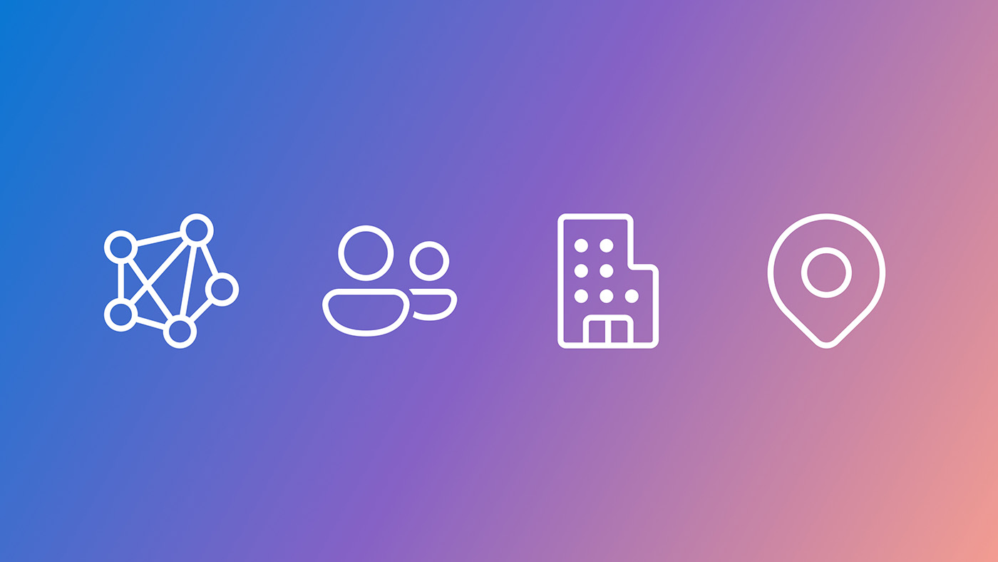 Three white icons on a blue-to-purple gradient background: the first icon shows a node cluster, the second shows two persons, the third is a building, and the fourth is a location pin