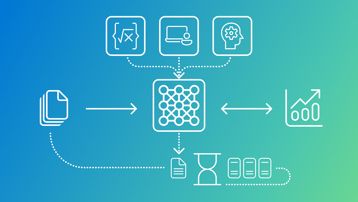White line icons against a blue-green gradient background form an architecture flow chart. In the middle of the chart is a three-by-three matrix of circles and lines within a round-edge square. Above the matrix, three icons in a row – an equation, a person using a desktop, and a head with gears flow by dotted lines to the matrix. To the left of the matrix is an icon representing a stack of files with an arrow pointing to the matrix. To the right of the matrix is a graph with a double headed arrow pointing to the matrix and to itself. Below the matrix is an icon representing a document. A dotted line arrow connects this graph to the matrix, showing the direction flowing from the matrix to the document. To the right of the document icon is an hourglass icon and three list icons with a dotted line connecting the hourglass to the lists.