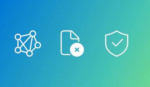 three icons on a blue to green gradient background | connected node icon, document with an 'x' icon, shield with a checkmark icon
