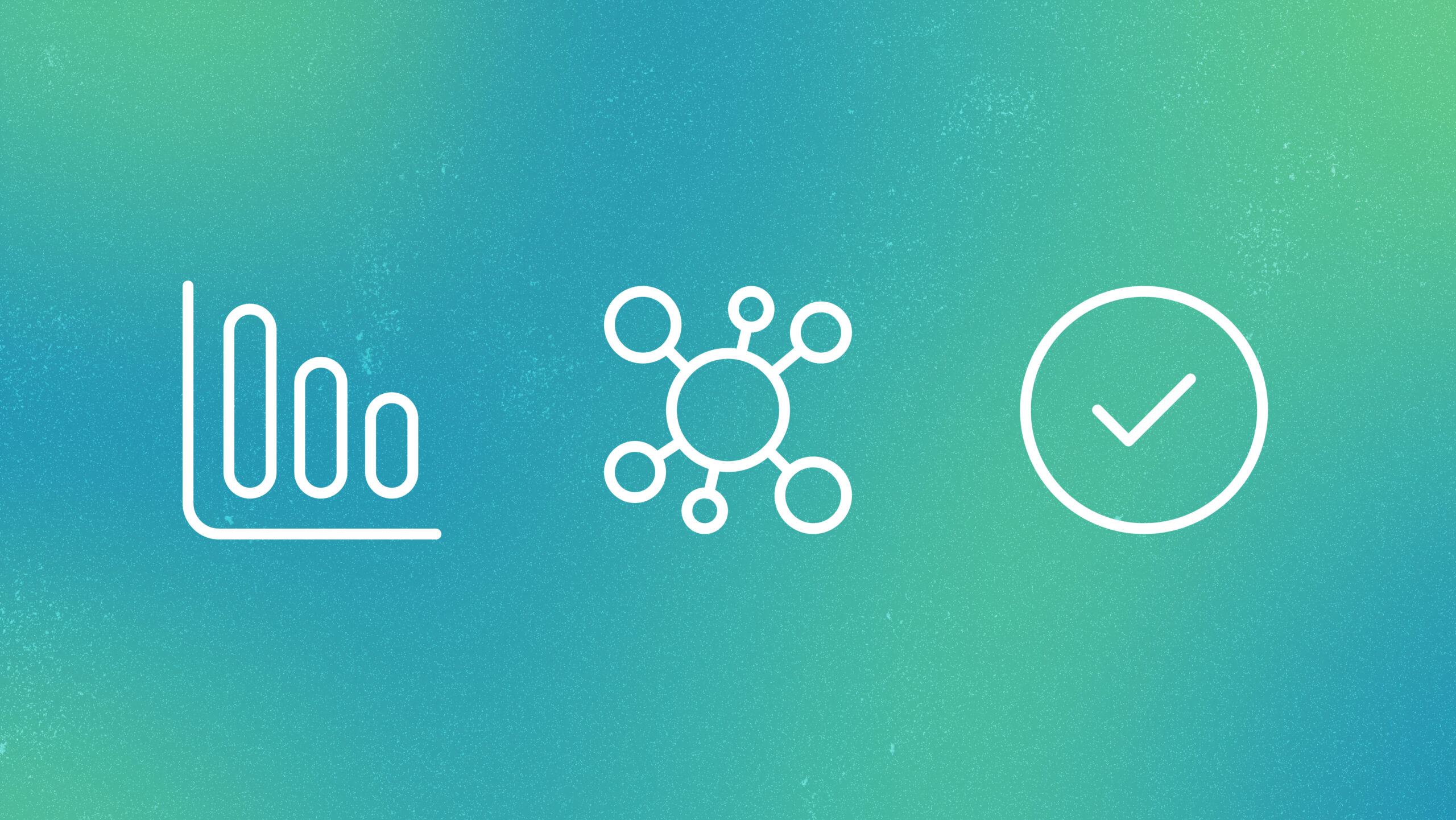 Three minimalist white line icons on a textured blue‑green gradient background: a rising bar chart on the left, a central hub‑and‑spoke network diagram in the middle, and a checkmark inside a circle on the right.