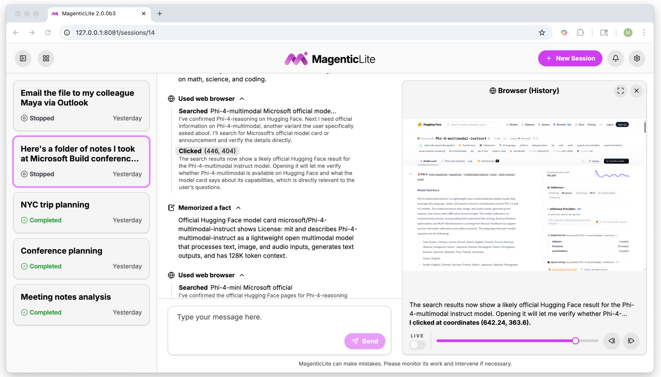 Figure 3 – MAGUI new interface.png | A screenshot of the MagenticLite 2.0.063 application interface. The left sidebar shows a session history with task names and statuses, including one active task highlighted in pink. The central panel displays an ongoing agent session with a sequential log of actions—including 