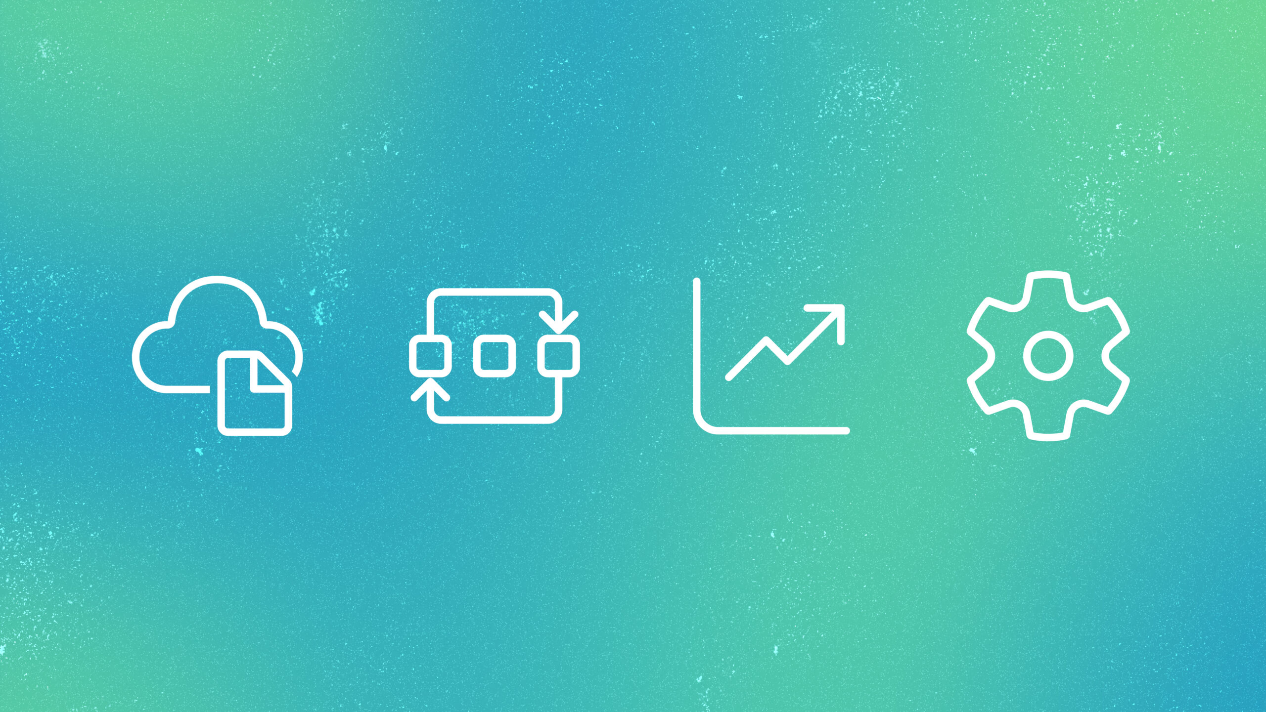 MagenticLite | Four white line icons—a document in the cloud, a flowchart with three boxes, chart, and a gear—displayed on a teal‑to‑green gradient background with a subtle textured pattern.