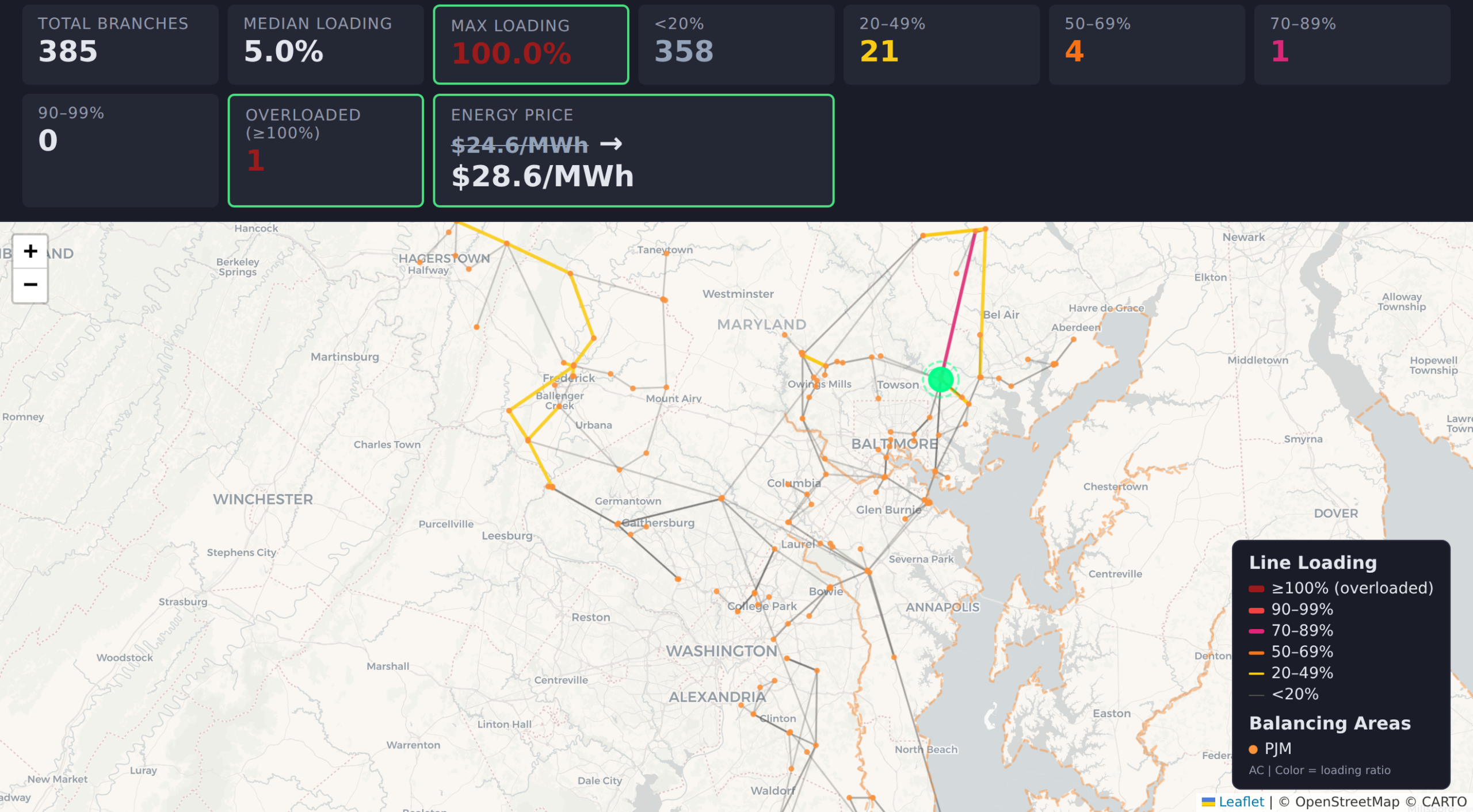 Datacenter placement near Baltimore causing a transmission line to exceed its thermal limit. 