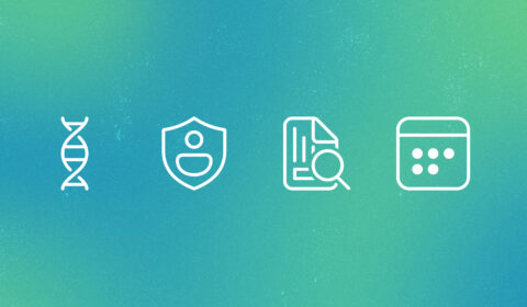 Talos | four white line icons on an abstract green background | DNA icon, shield icon, document icon, calendar icon