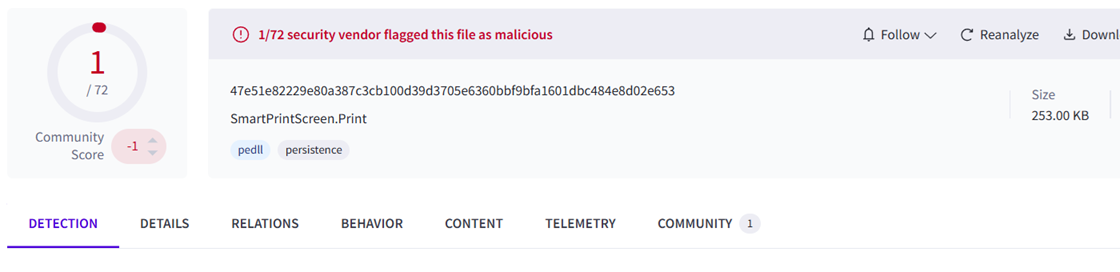 A screenshot of a 253 KB sample on VirusTotal taken on May 28, 2026 showing that only one of 72 vendors flagged this as malicious. 