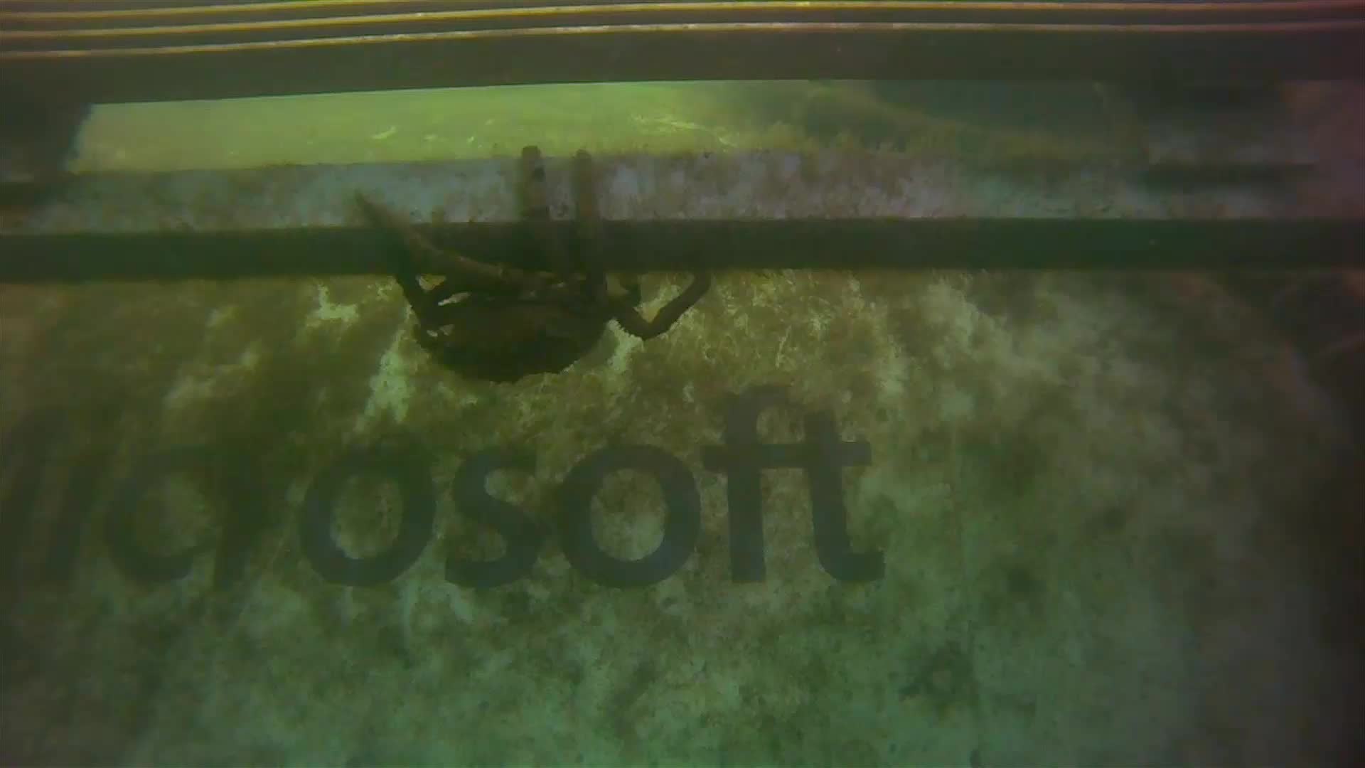 A crab crawls along the Leona Philpot pressure vessel, with the Microsoft logo in the background.