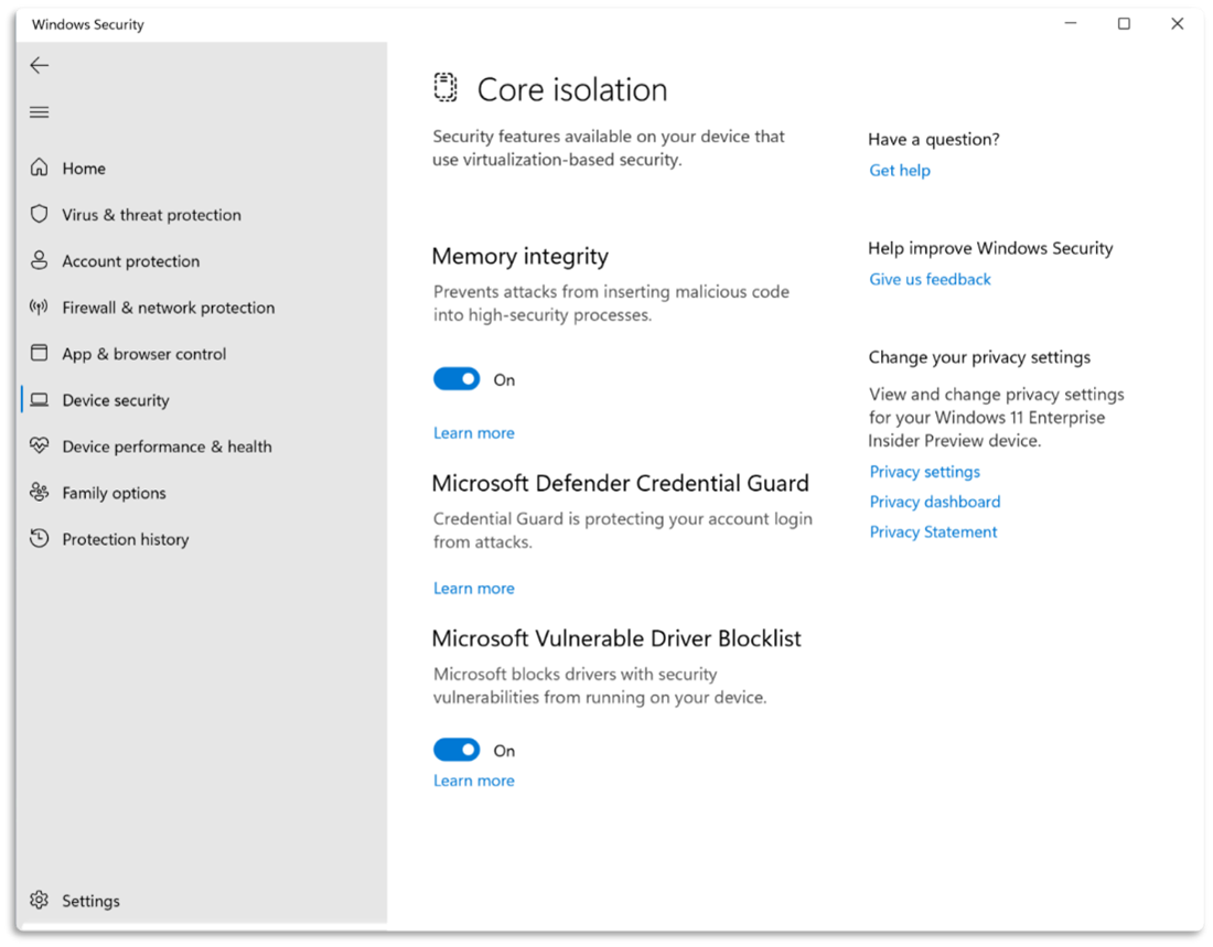 The Microsoft vulnerable driver blocklist feature enabled in the Core isolation page within the Windows Security app.