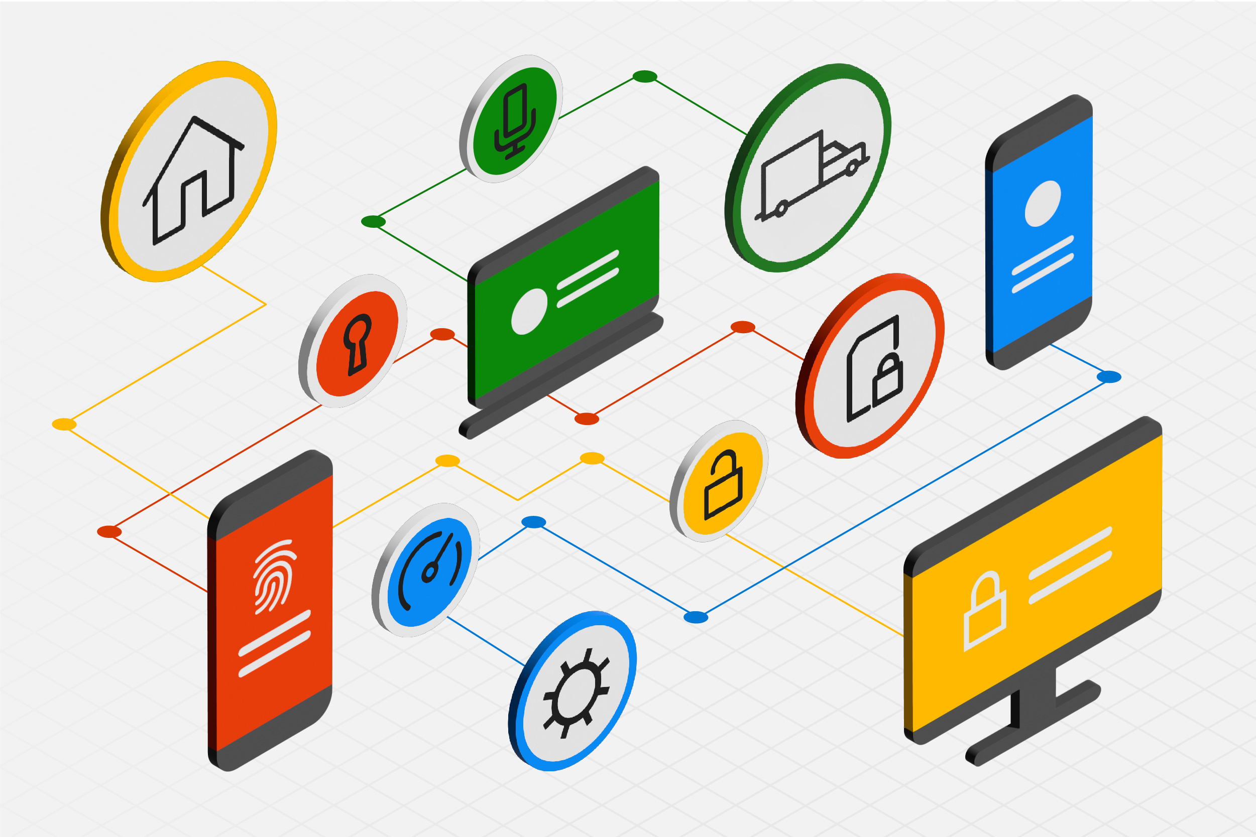 Artistic rendering of multiple devices interconnected in primary colors