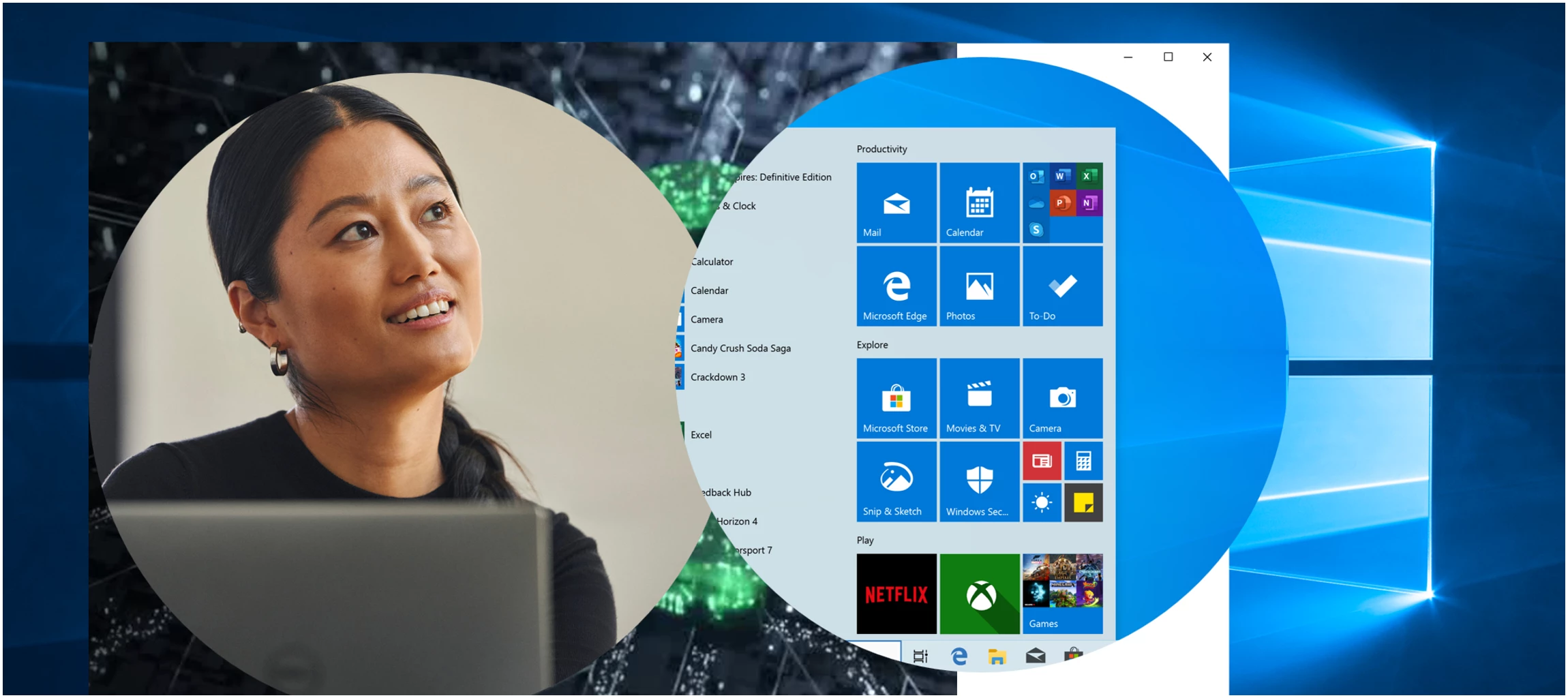 A woman with a computer next to a screenshot of a Windows home screen