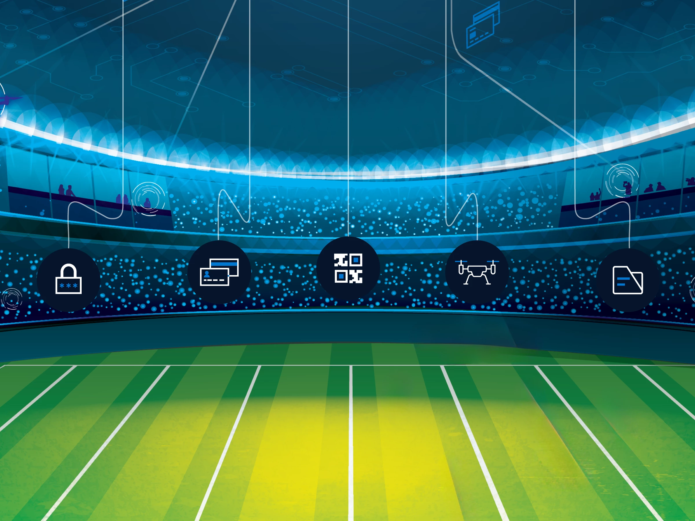 Image of a soccer field with icons representing security risks laid on top