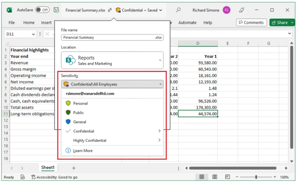 Screenshot of Sensitivity Label with scoped encryption accessible only to employees