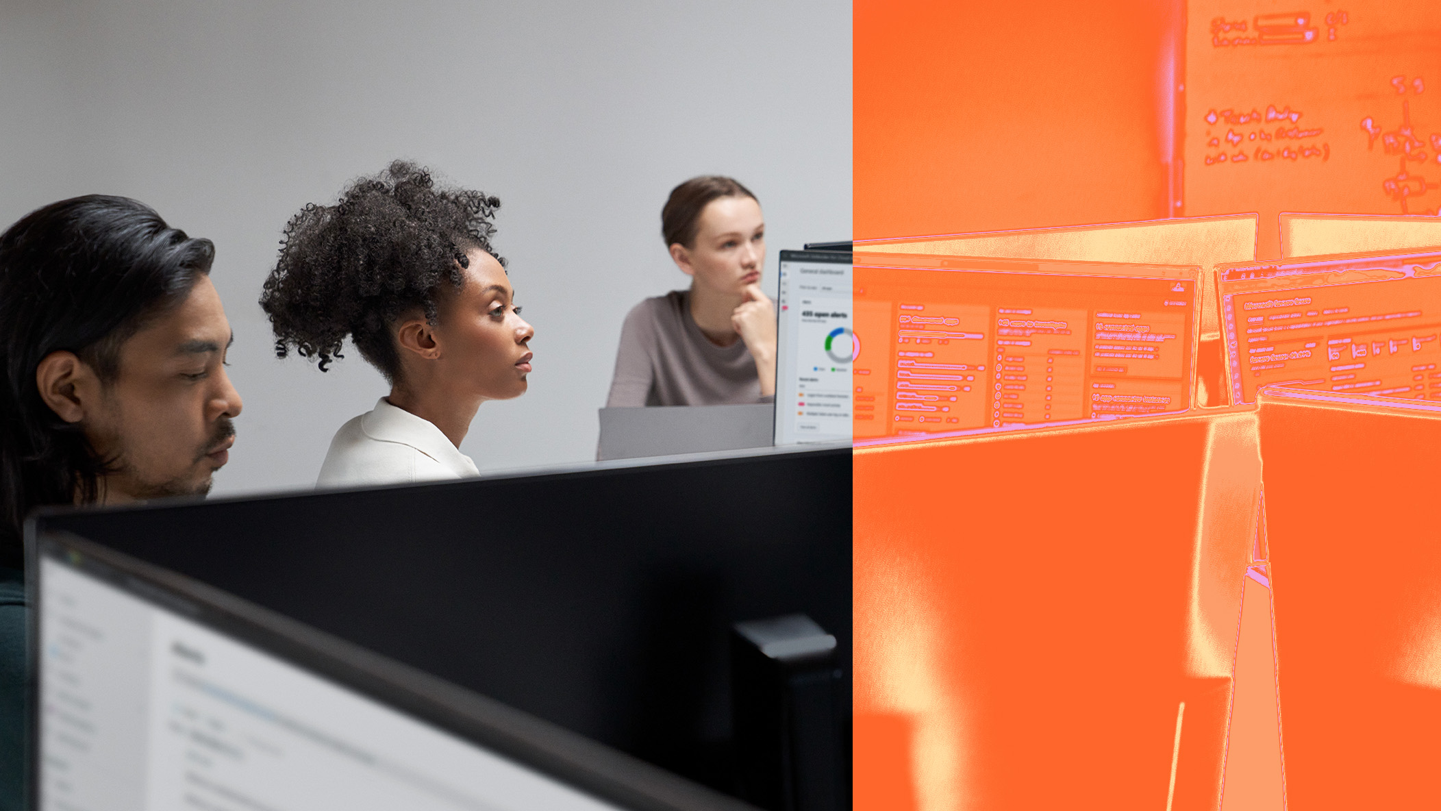 Three people looking at computer screens overlayed with block of orange color