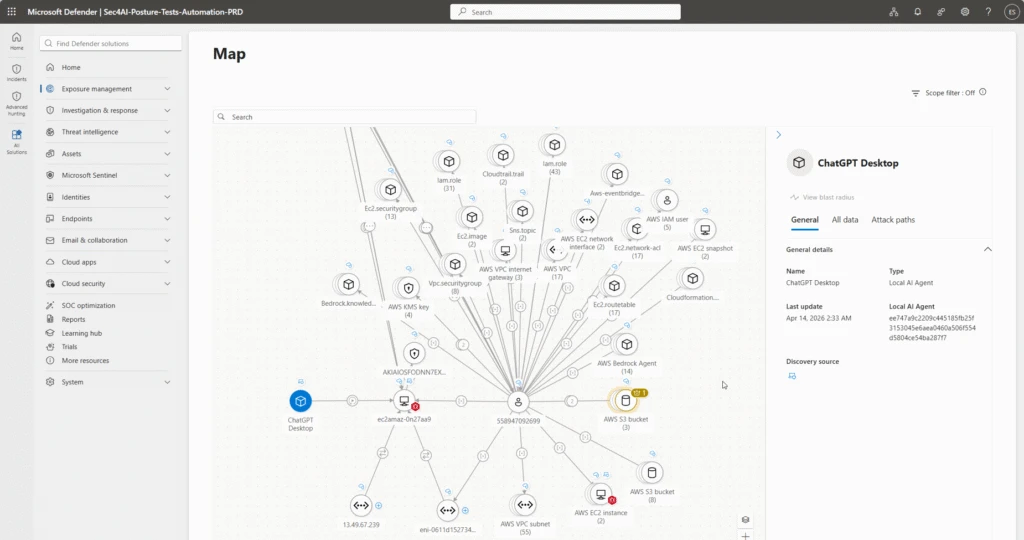 Microsoft Defender interface displaying a security graph map of connected AI agents and AWS resources with ChatGPT Desktop node highlighted.