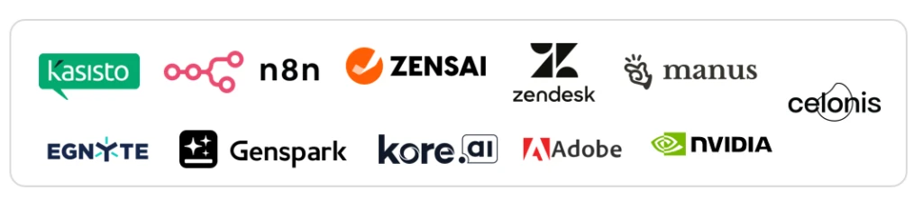 Collection of AI and software vendor logos including Adobe, NVIDIA, Zendesk, n8n, Kore.ai, and Celonis.