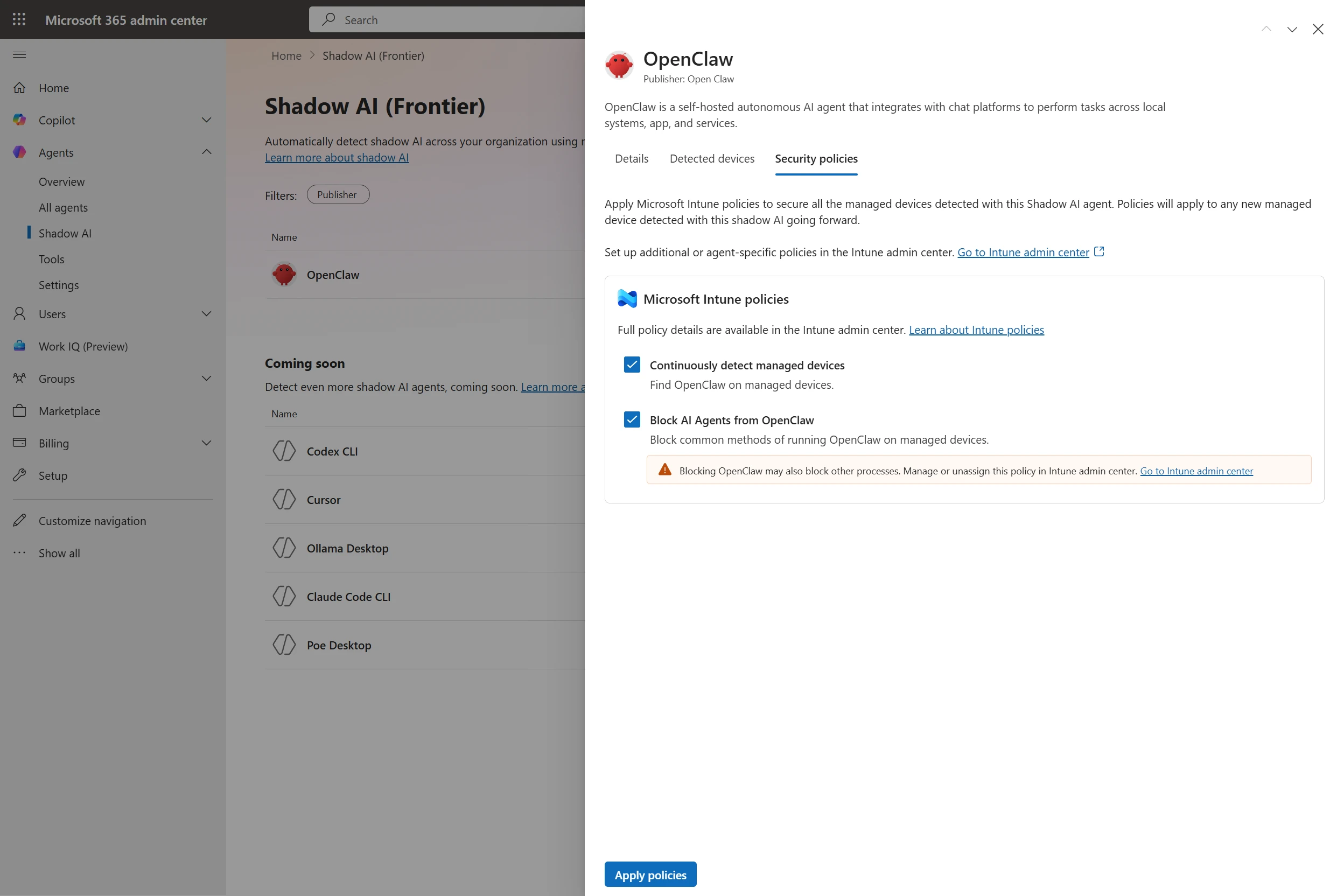 Microsoft 365 admin center showing Shadow AI OpenClaw agent with Intune security policies enabled to detect and block unmanaged AI agents.