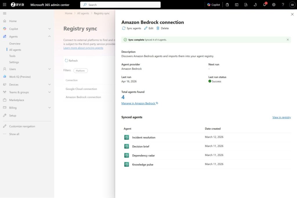 Microsoft 365 admin center Registry sync page showing successful Amazon Bedrock connection with four synced AI agents listed.