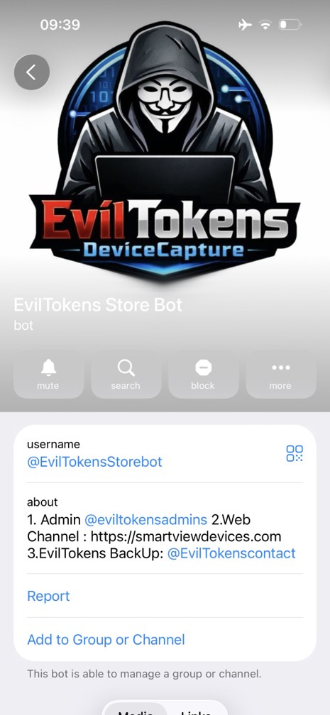 Screenshot of the EvilTokens Telegram bot