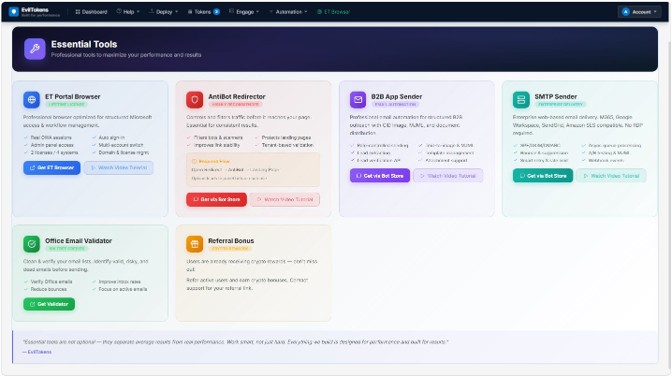 Screenshot of EvolTokens Essential Tools page