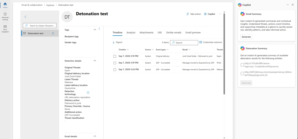 Screenshot of Microsoft security portal showing &ldquo;Detonation test&rdquo; investigation within Email collaboration > Explorer, with detection details and timeline events for reviewing suspicious email activity. Left navigation lists detection attributes, center table organizes events by timestamp and source, and right Copilot panel provides Email Summary and Detonation Summary cards.
