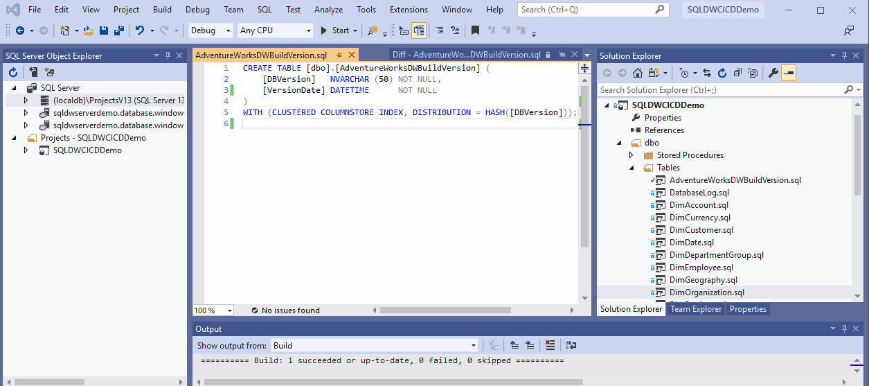 Using Schema Compare in SSDT showing how changes can be tracked using a Git repository in Azure Repos.