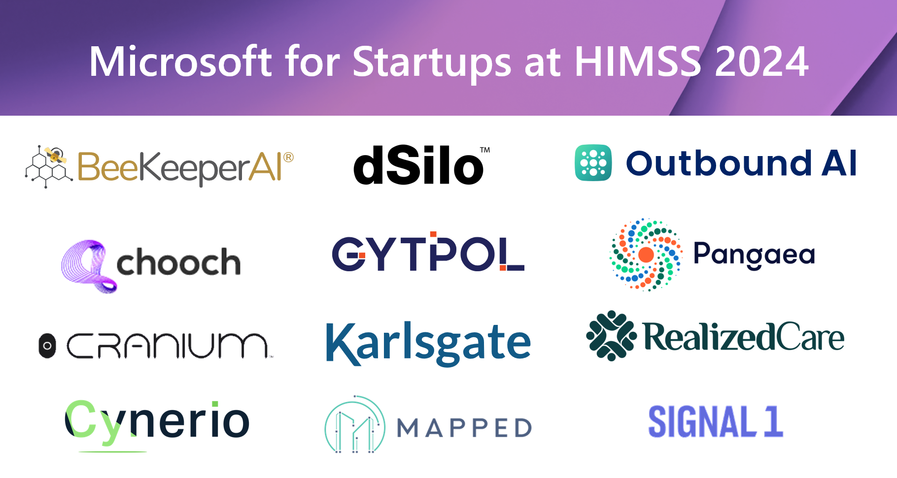 An image of Pegasus portfolio startups presenting at Healthcare Information and Management Systems Society (HIMSS) 2024 conference in Orlando, Florida, including: BeeKeeperAI, Chooch, Cranium, Cynerio, dSilo.AI, GYTPOL, Karlsgate, Mapped, Outbound AI, Pangaea Data, RealizedCare, and Signal 1